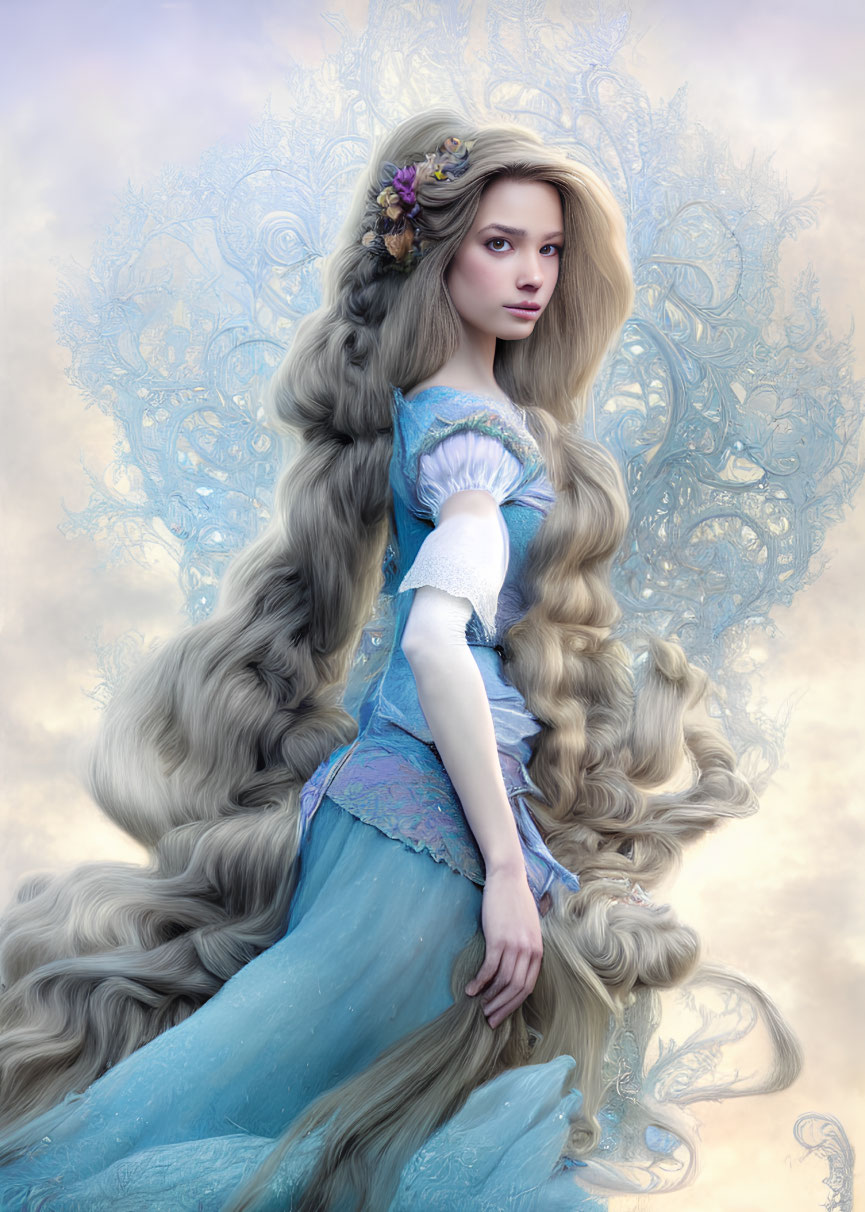 Woman with Long Flowing Hair in Blue Fantasy Dress and Floral Hair Accents