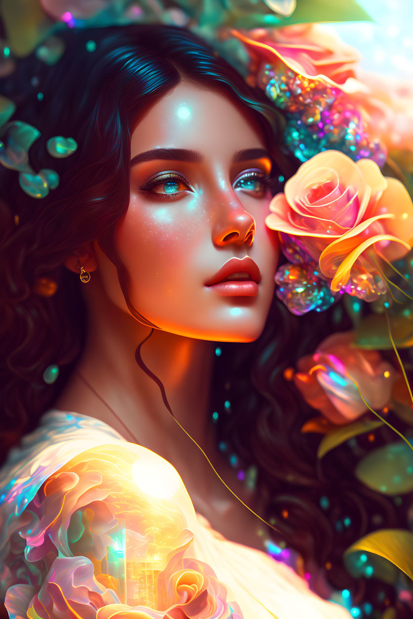 Digital artwork: Woman with blue eyes, surrounded by flowers, lights, lantern