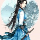 Woman with Long Flowing Hair in Blue Fantasy Dress and Floral Hair Accents