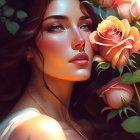 Digital artwork: Woman with blue eyes, surrounded by flowers, lights, lantern