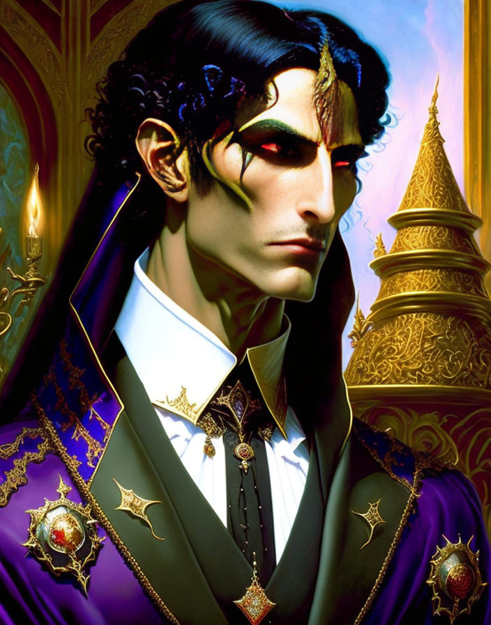 Regal man with sharp features in opulent dark coat on golden background