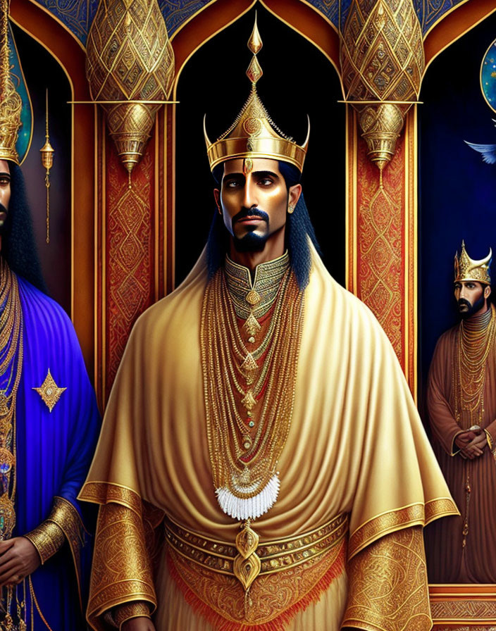 Regal figures in ornate attire with gold and blue colors and intricate patterning.