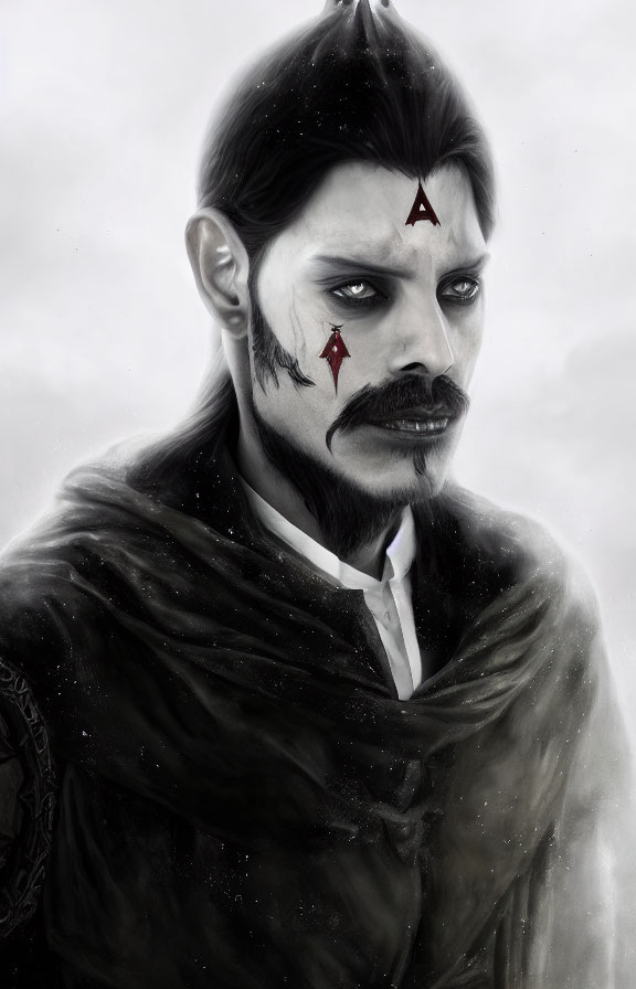 Monochromatic image of man with pointed ears, dark hair, mustache, red teardrop