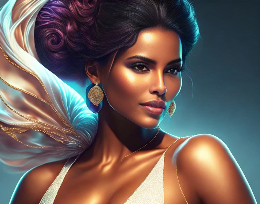 Digital artwork featuring woman with glowing skin, dramatic makeup, purple-streaked hair, and white feather