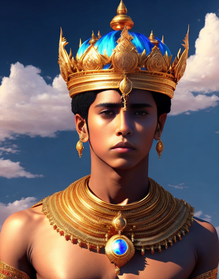 Young man in gold crown and traditional jewelry under blue sky