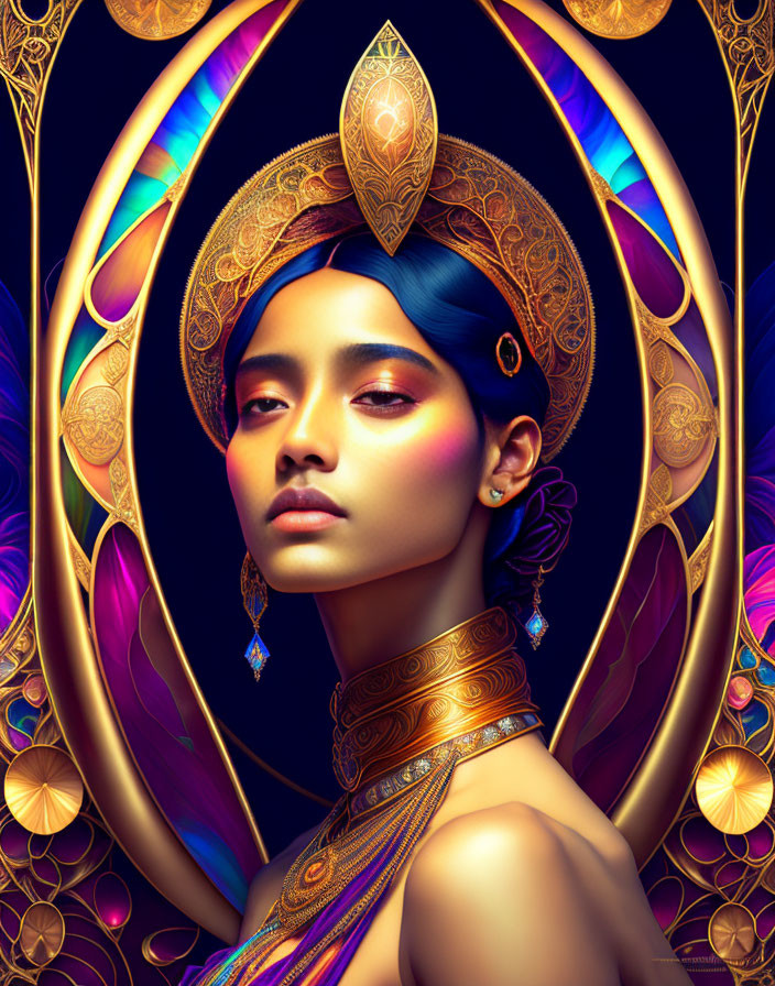 Intricate golden headdress and jewelry on woman with vibrant colors