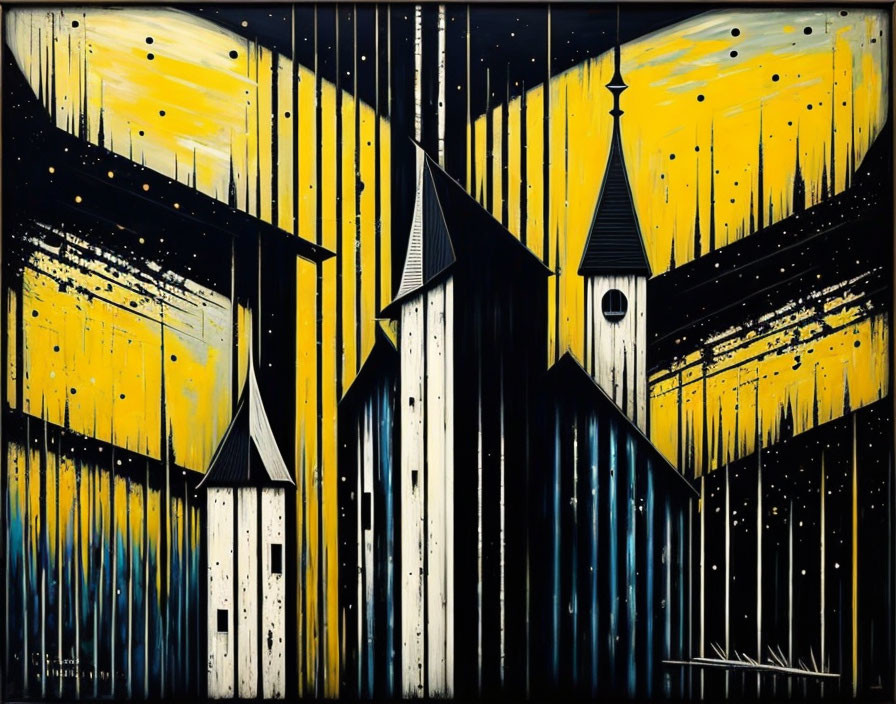 Geometric Black Buildings on Yellow Background with Rainfall Streaks