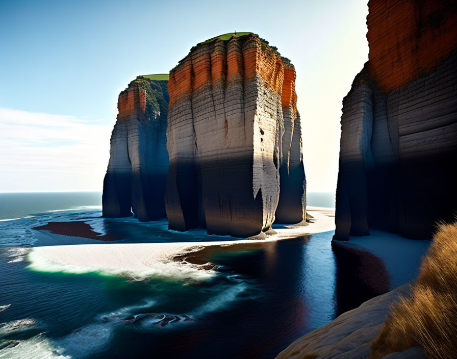 Towering cliffs with layered rock formations above serene blue sea