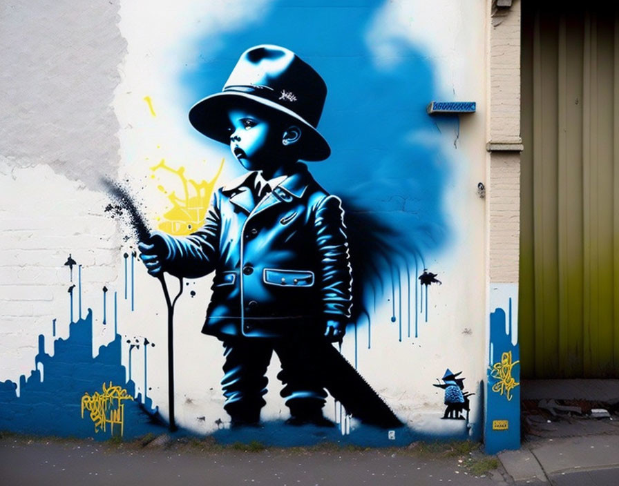 Urban graffiti art: young boy with spray paint can and dog, cityscape silhouette