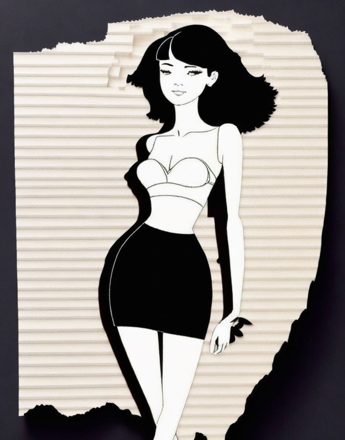 Monochrome illustration of a slim woman in crop top and skirt on torn paper background