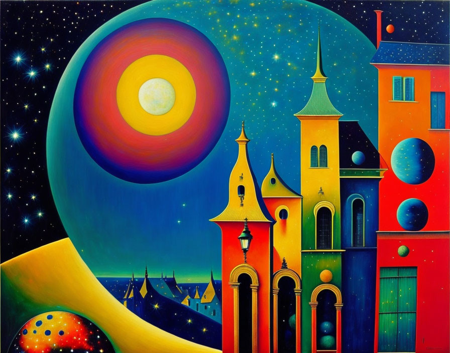 Vibrant surrealistic artwork of stylized architecture under starry sky