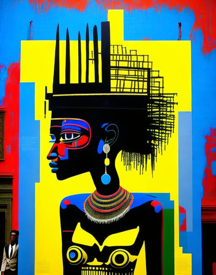 African woman with stylized features on colorful abstract backdrop