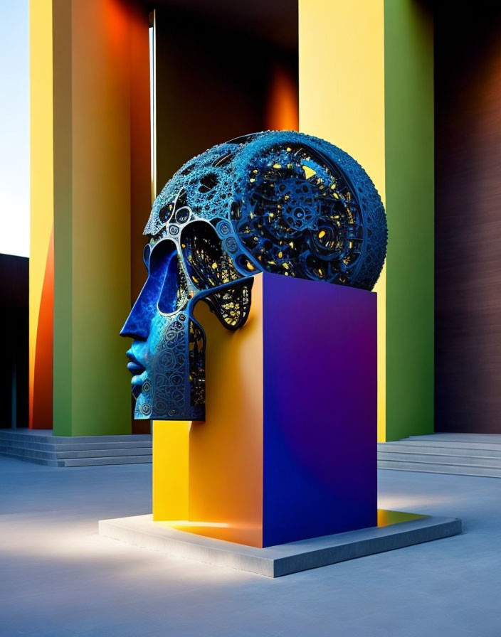 Futuristic human head sculpture with mechanical brain gears on colorful geometric background