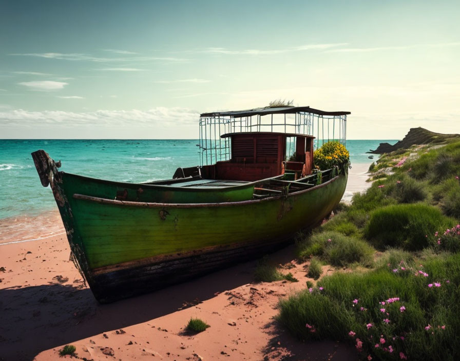 Weathered green boat with red interior on sandy shore under blue sky