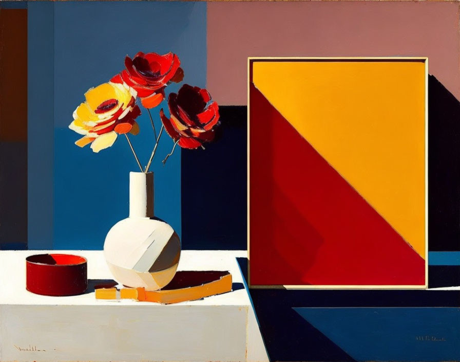 Geometric shapes and flowers in a still life painting