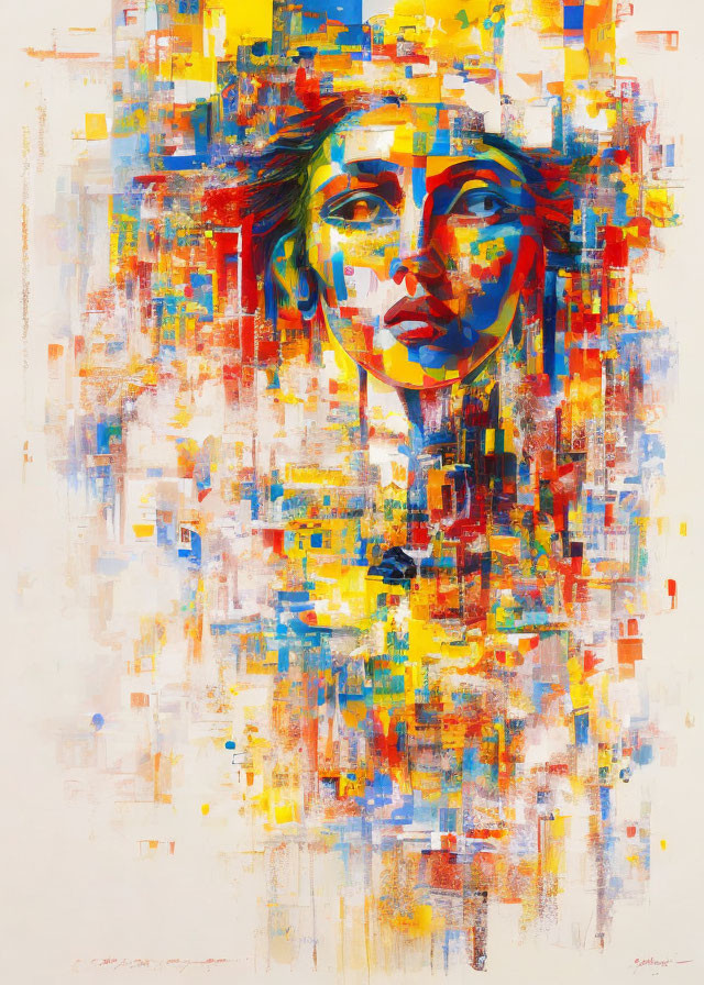 Abstract painting: fragmented female face with blue and red highlights in colorful geometric chaos