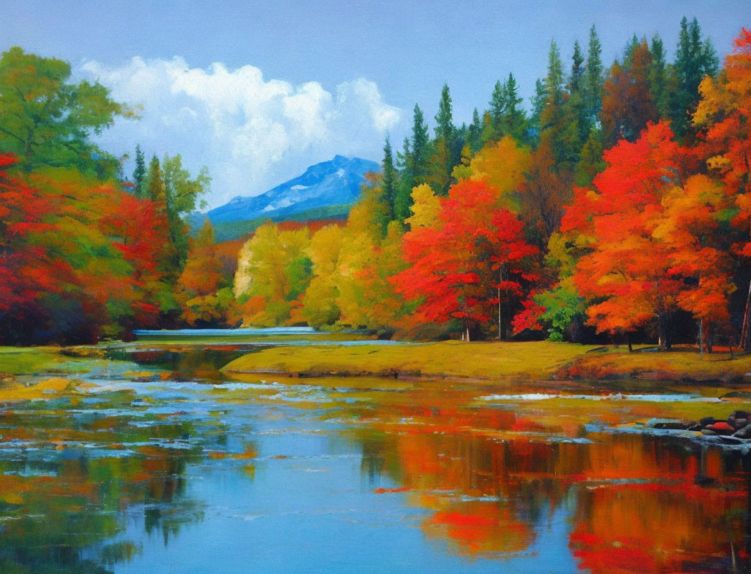 Scenic autumn painting: river, mountain, blue sky