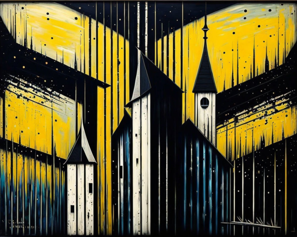 Geometric Black Buildings on Yellow Background with Rainfall Streaks