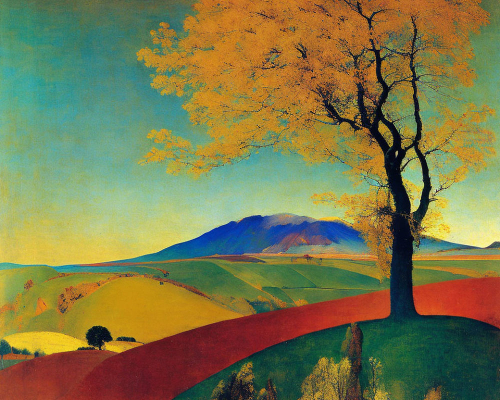 Colorful landscape painting with golden tree, rolling hills, and blue mountain under clear sky