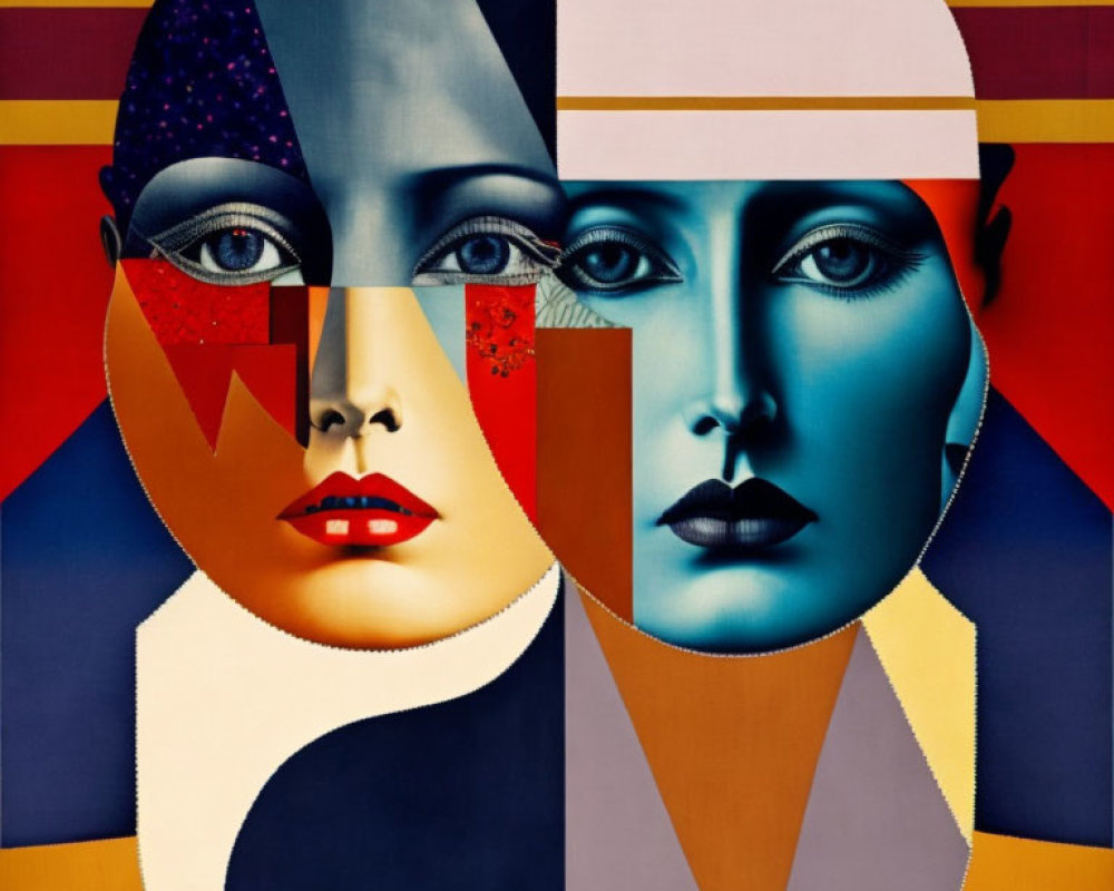 Abstract Surreal Artwork: Overlapping Faces, Geometric Patterns, Vibrant Colors