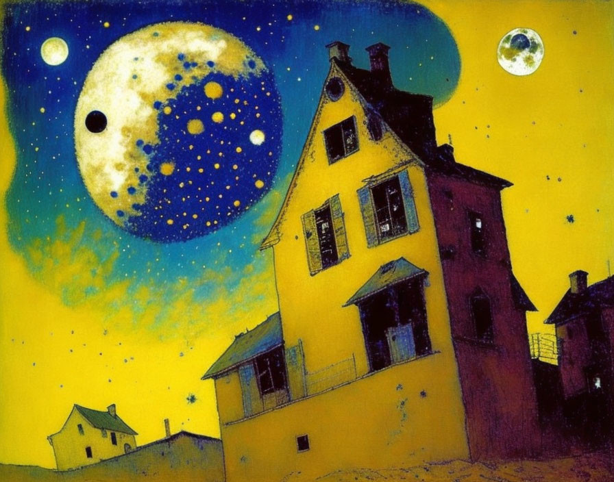 Surreal painting of yellow house under starry night sky