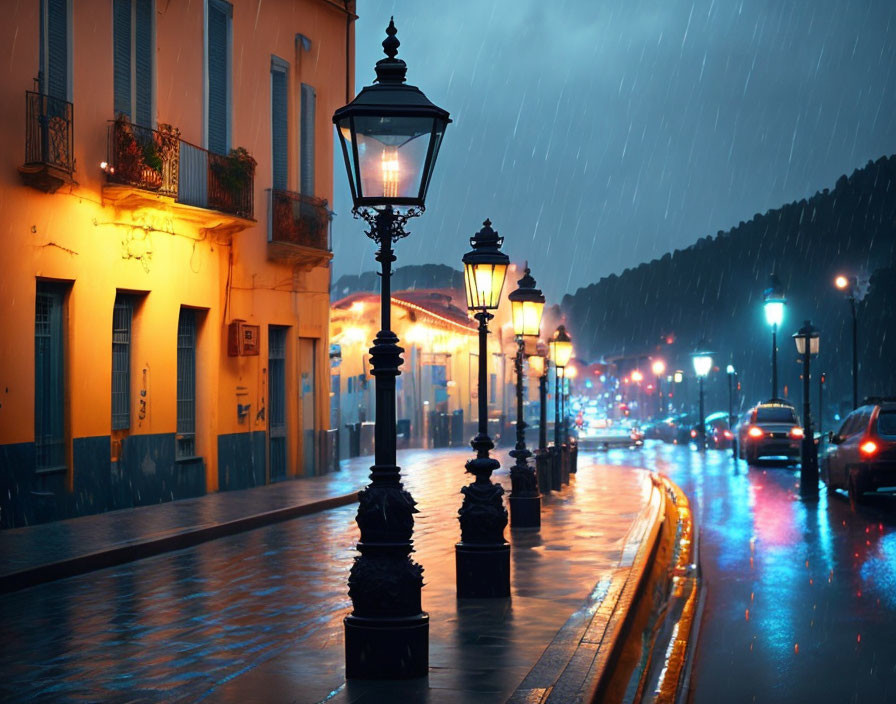 City street at night: rainy evening with glowing street lamps and cars on wet pavement