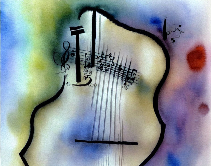 Watercolor painting: Violin silhouette & music notes in abstract style