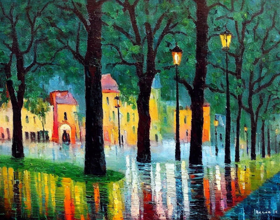 Vibrant impressionistic rainy street painting with trees and lamp posts.