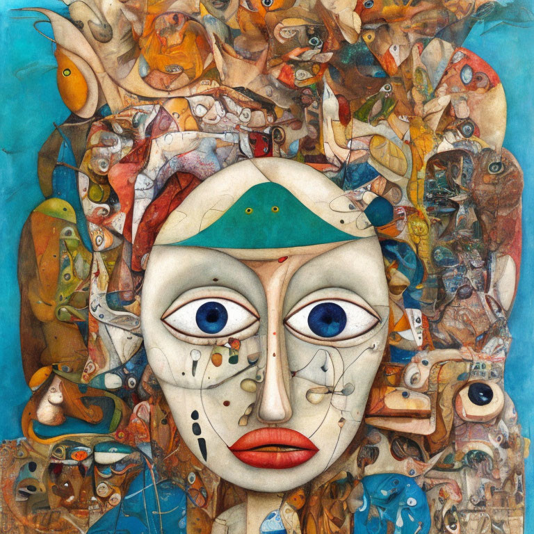 Abstract surreal painting with central face surrounded by smaller faces and figures in dreamlike colors.