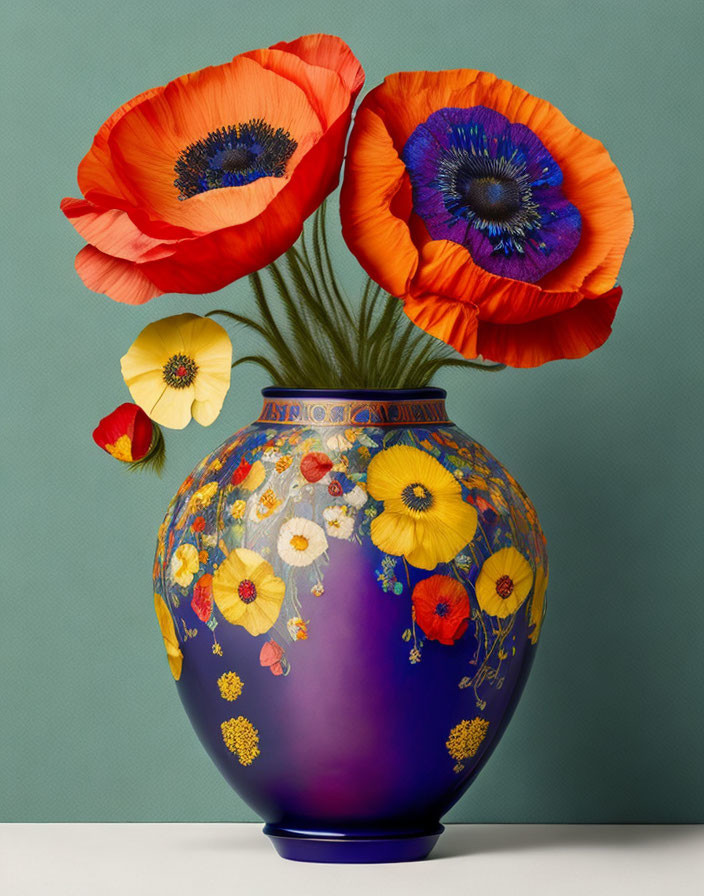 Colorful Floral Pattern Vase with Red and Yellow Poppies