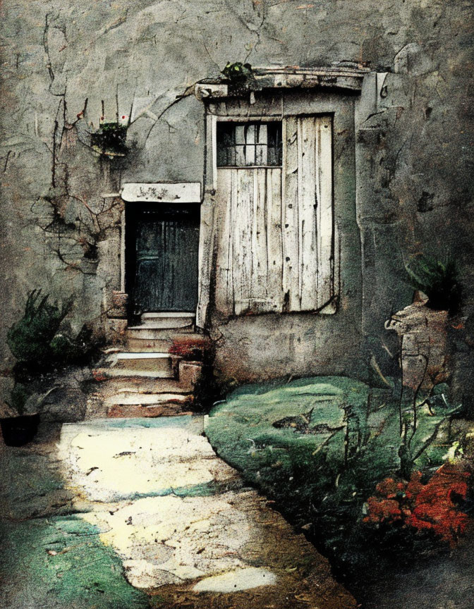 Weathered door and shutters amidst aged walls and overgrown plants