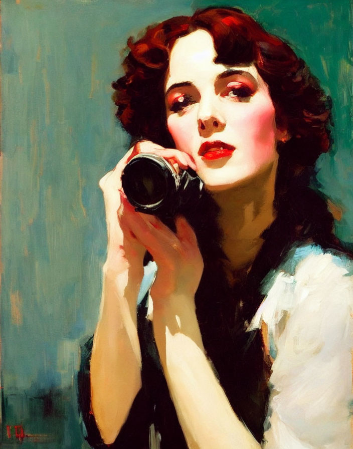 Vibrant painting: woman with curly hair holding a camera