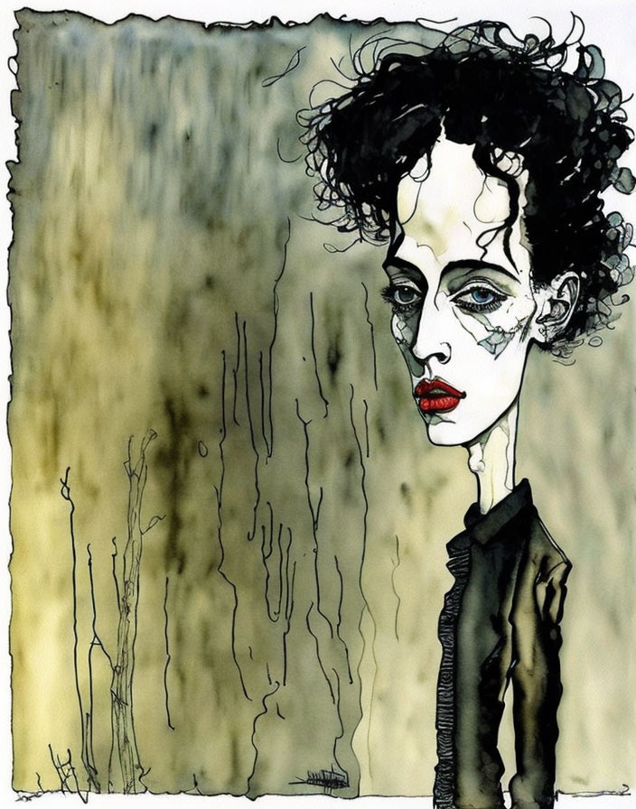 Illustrated portrait: Pale skin, dark curly hair, red lips, black outfit on greenish-b