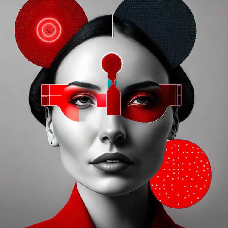 Monochrome portrait of woman with red geometric shapes and patterns