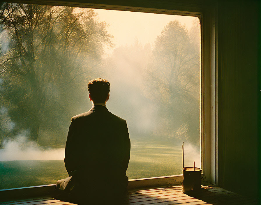 Person by Open Window Views Misty Forest in Sunlight