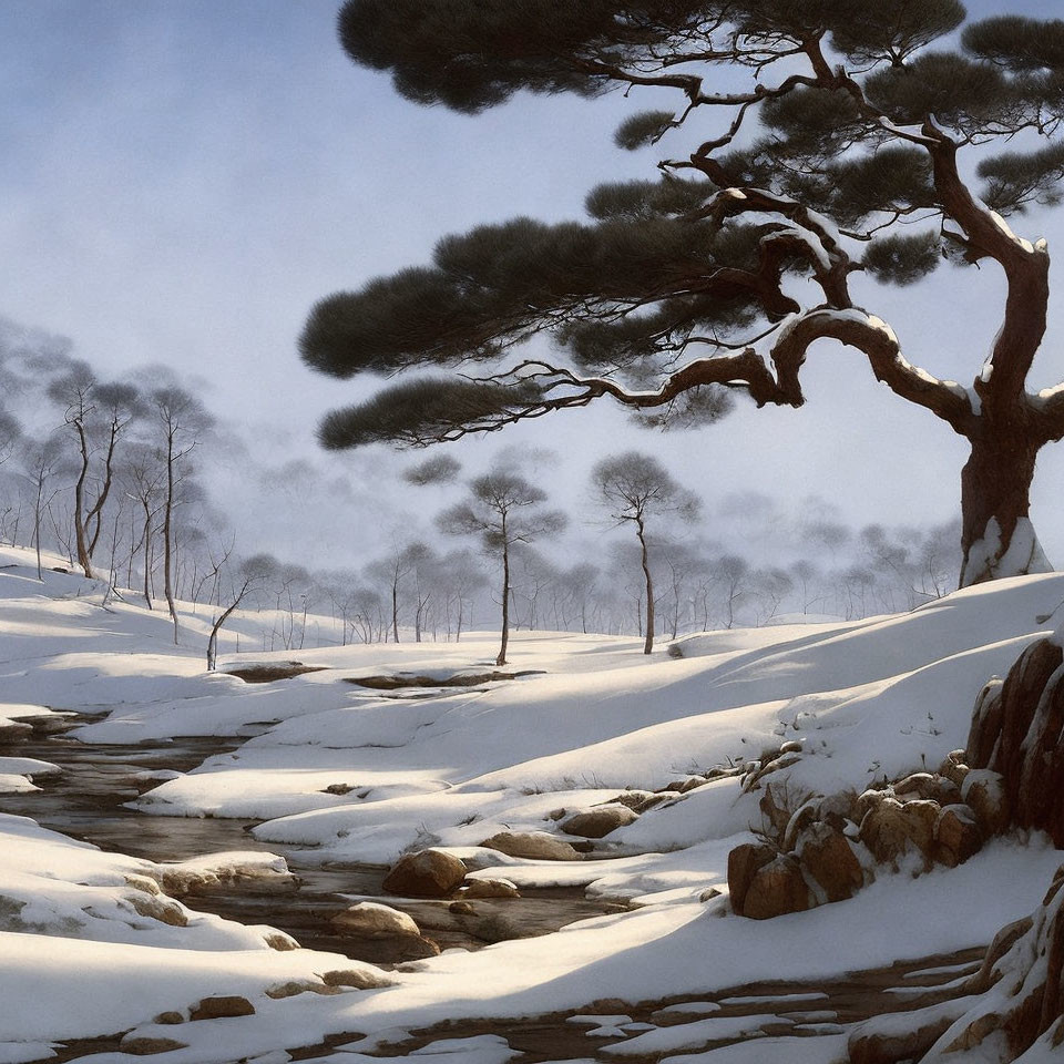 Winter landscape with pine tree, frozen stream, snow-covered rocks, and distant trees under cloudy sky.