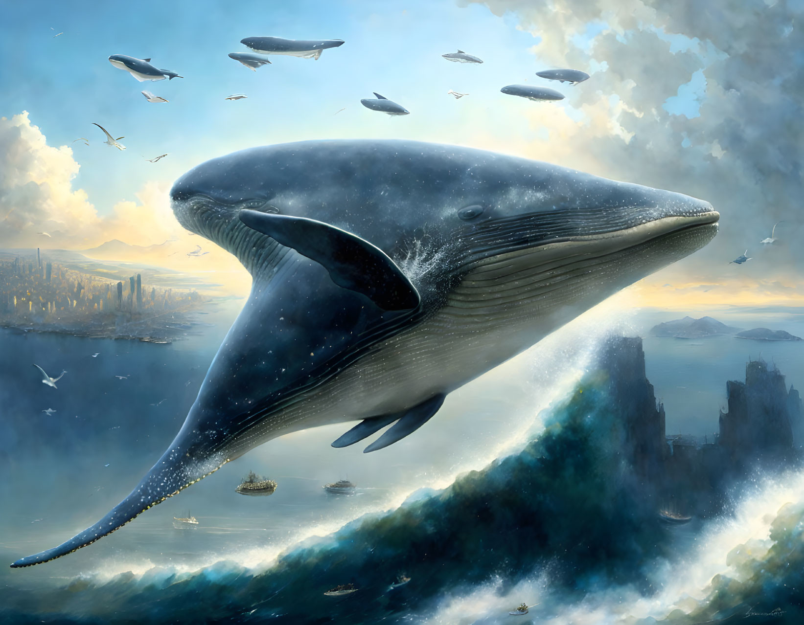 Giant whale flying over futuristic city and ocean waves