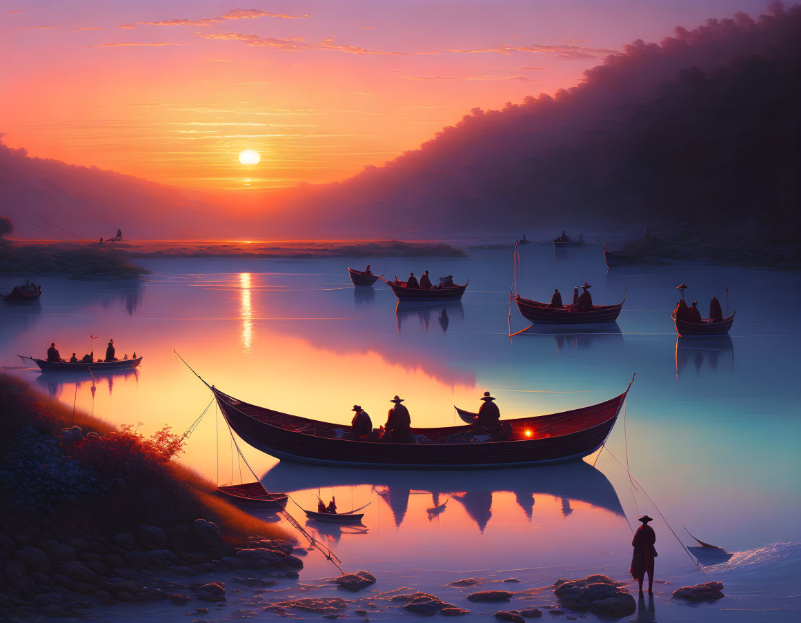 Tranquil Sunrise Scene: Boats, Fishing, and Hills