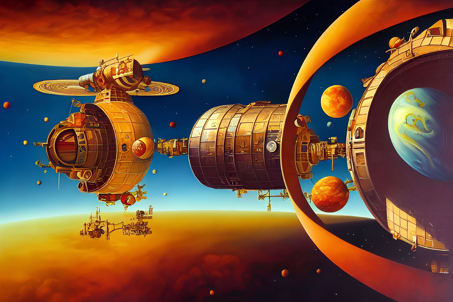 Futuristic space stations orbiting ringed planet with moons in orange cosmic setting