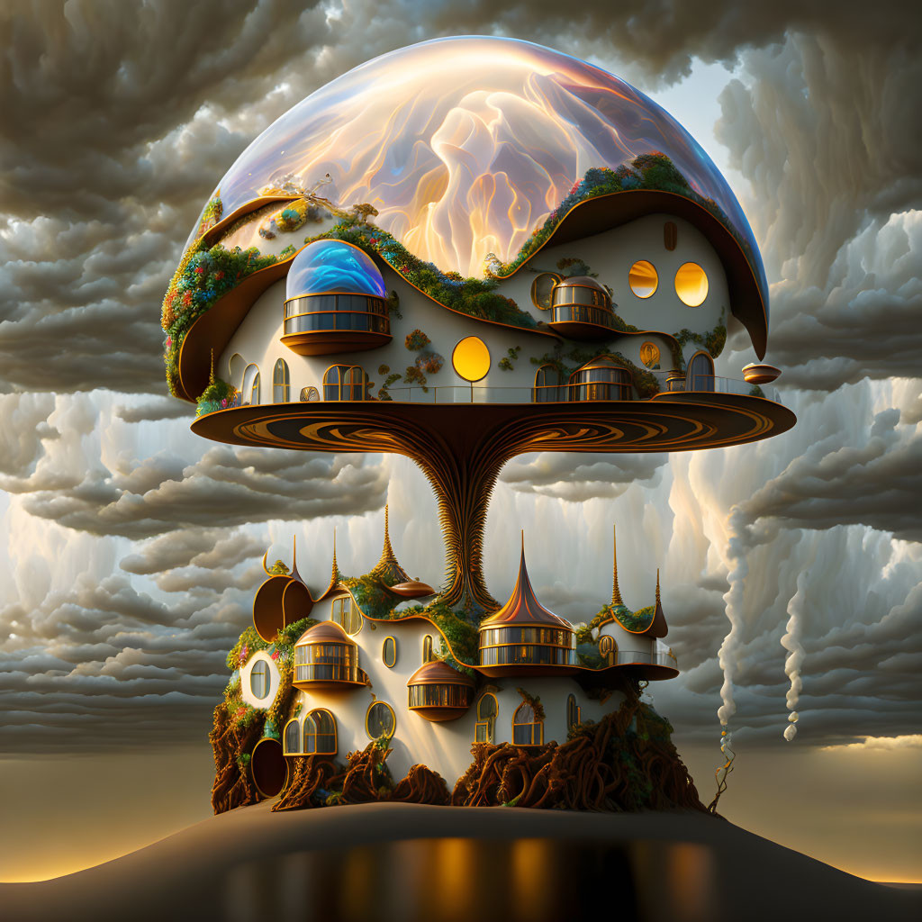 Mushroom-shaped architecture with glass dome in fantasy setting