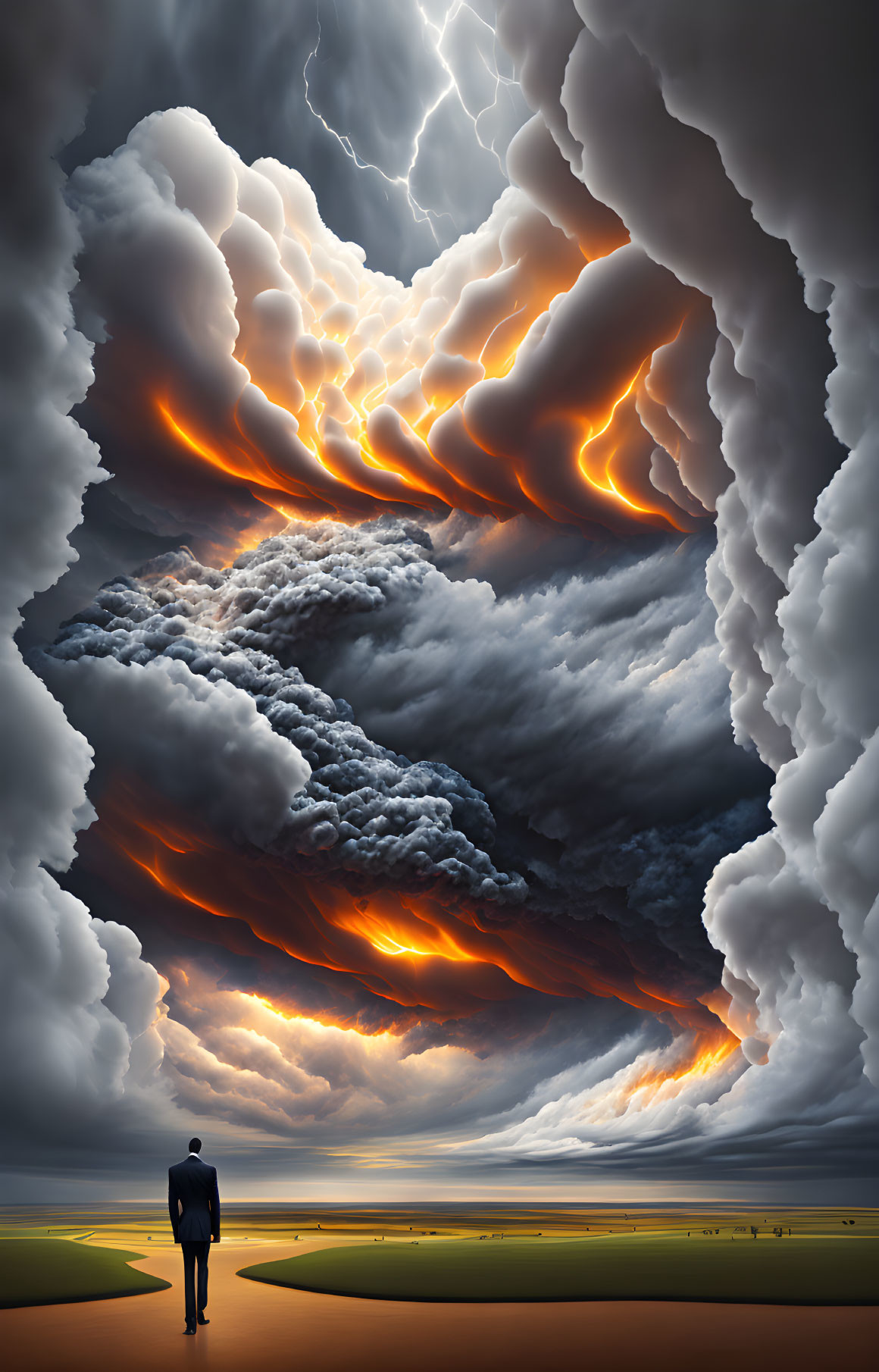 Dramatic sky with fiery clouds and lightning