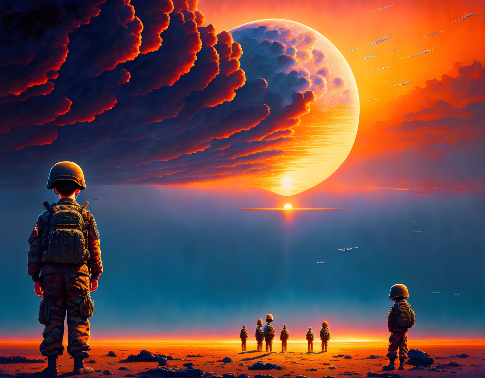 Astronaut on red alien landscape with rising moon, sun, and companions