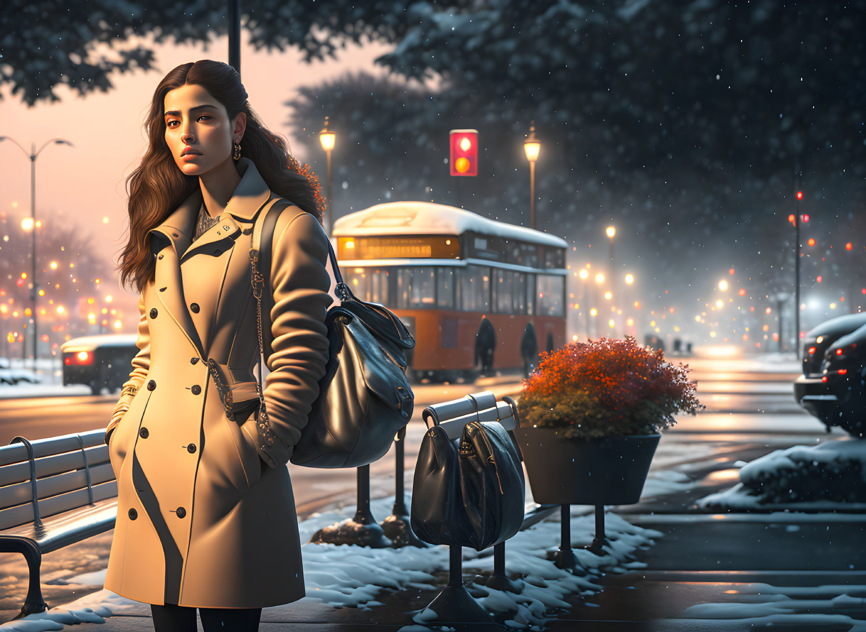 Woman in Beige Trench Coat at Snowy Bus Stop at Dusk