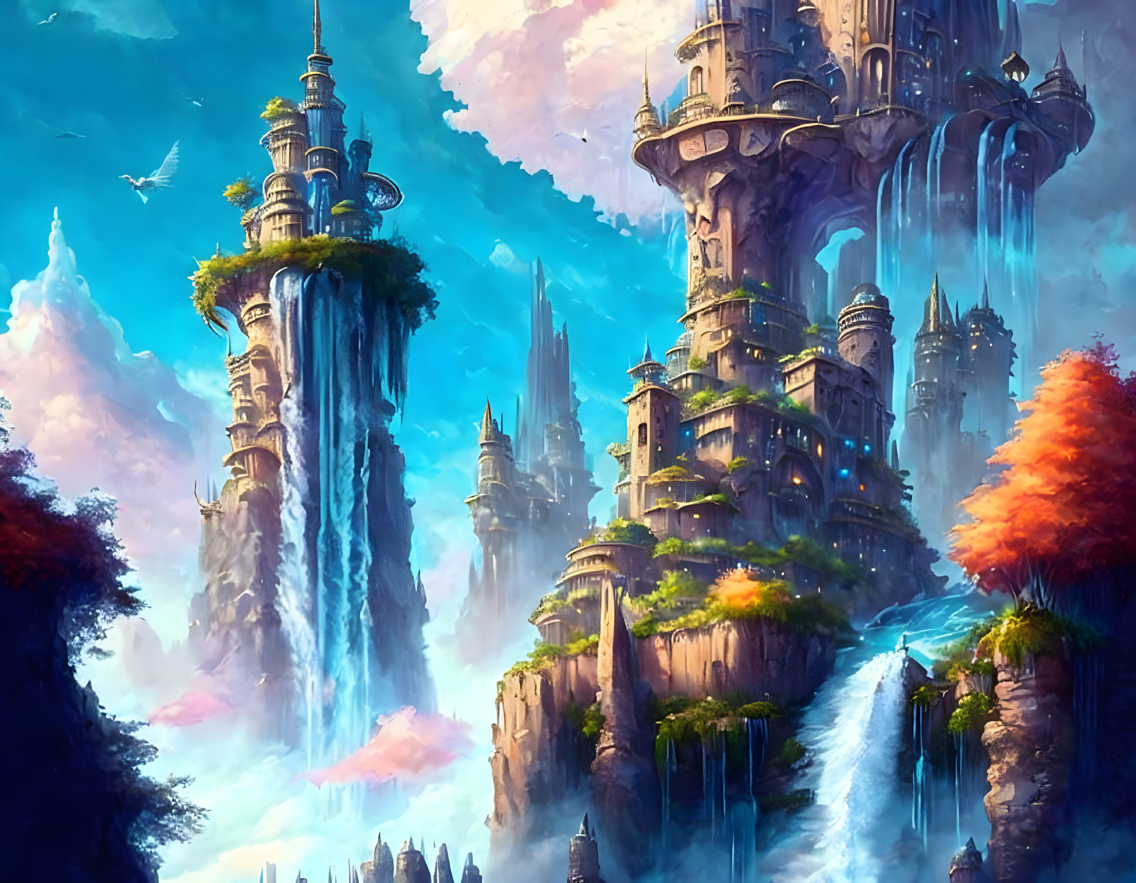 Majestic fantasy landscape with floating castles and waterfalls