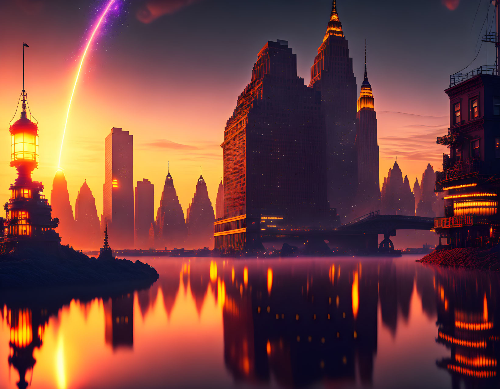 Cityscape Sunset with Skyscrapers, River Reflection, and Cosmic Beam