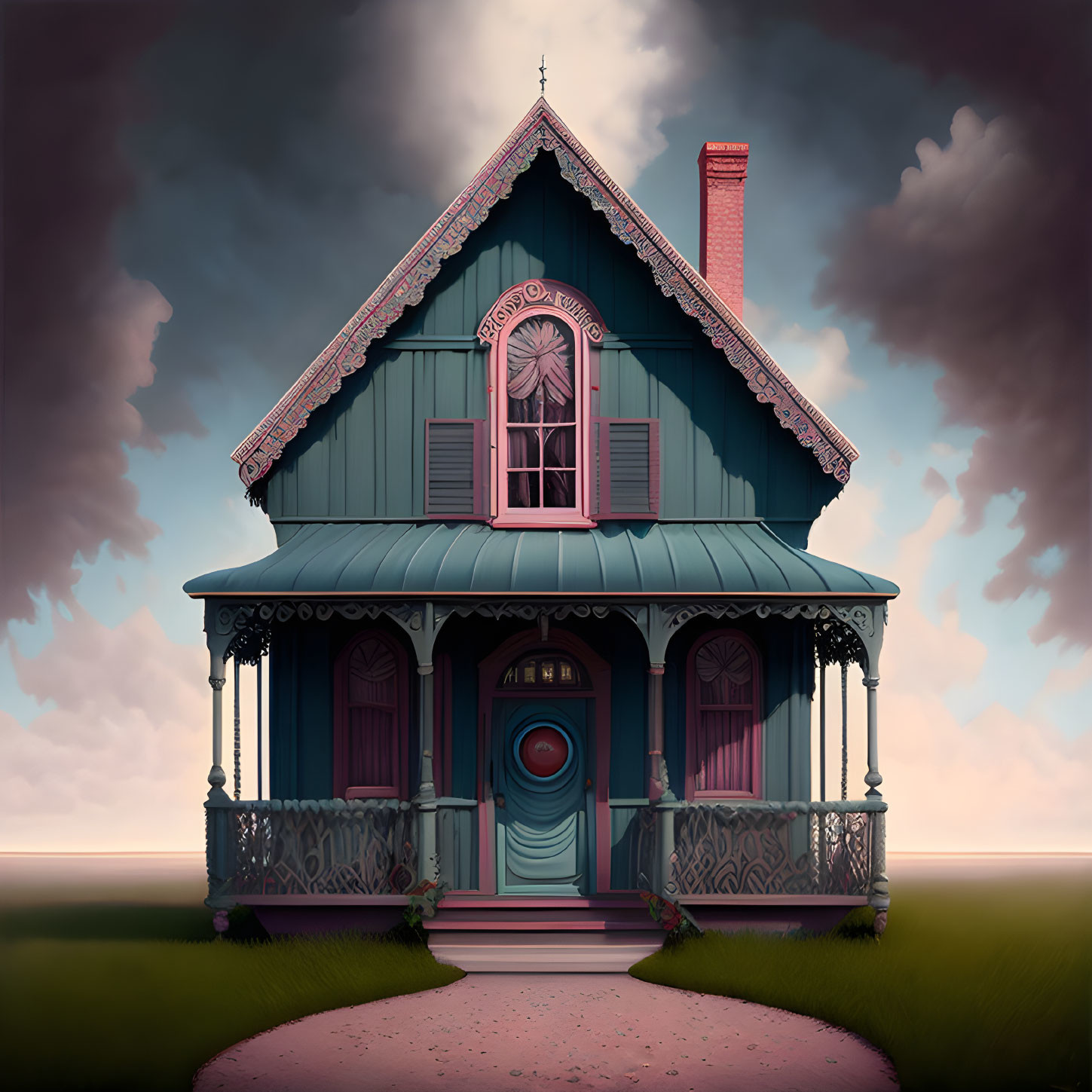 Victorian-style house with ornate trimmings, front door, and chimney under cloudy sky