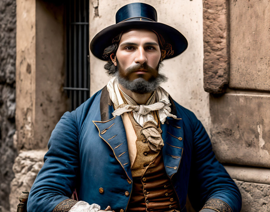 Historical attire: Man in tricorn hat, blue coat, cream cravat against stone wall