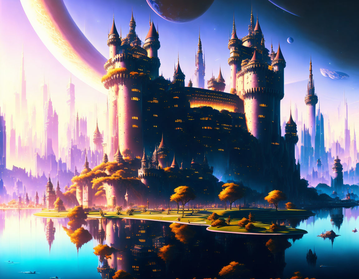 Fantastical castle with spires in vibrant alien sky.