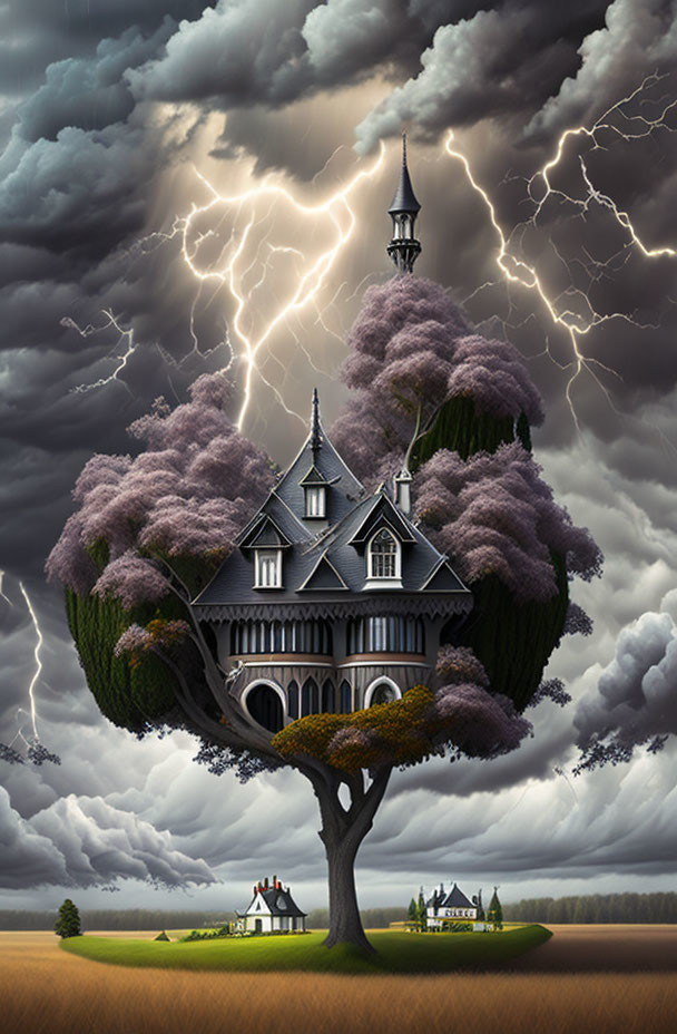 Victorian-style house illustration in stormy skies with lightning bolts