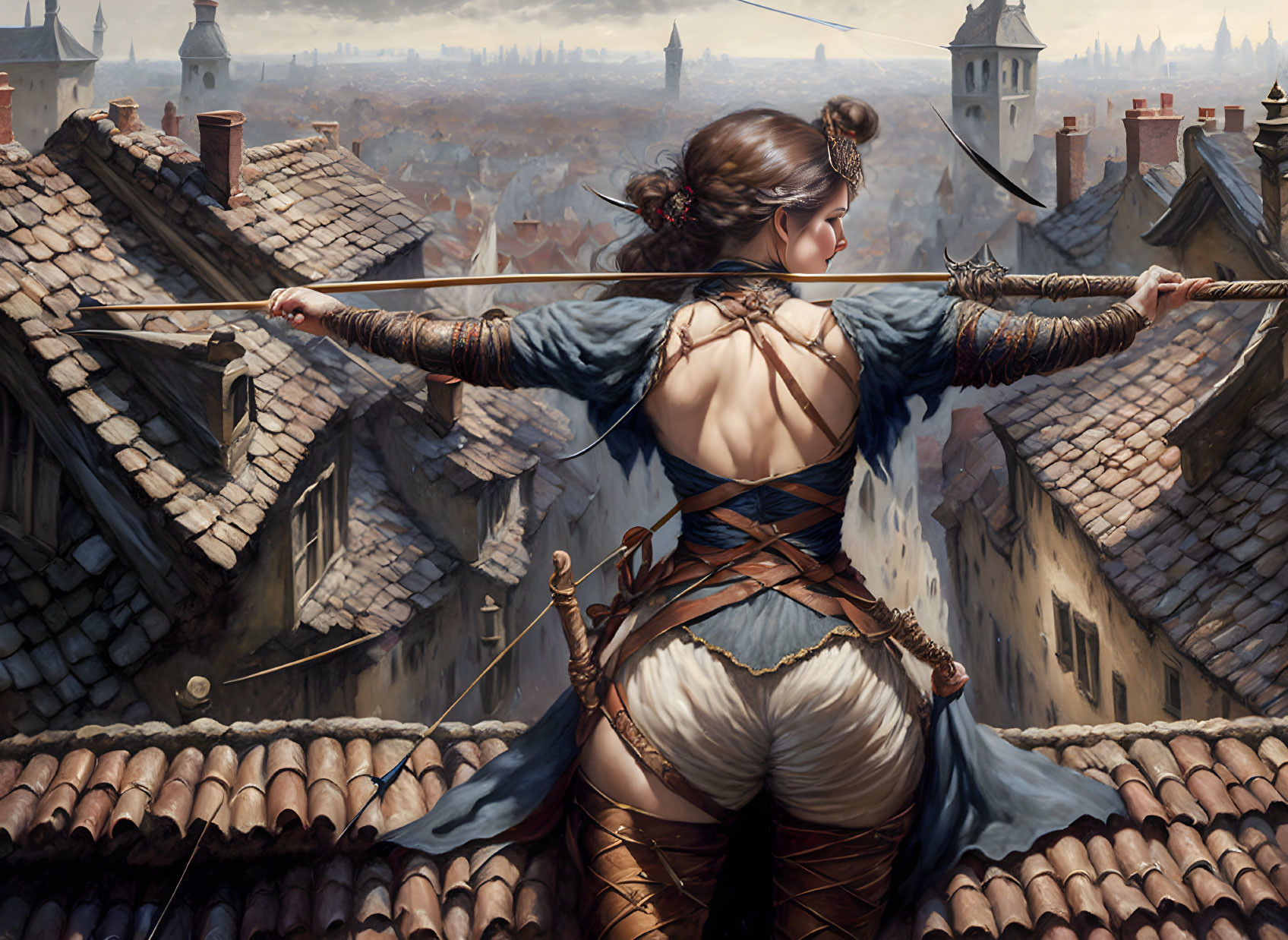 Female archer in historical attire shooting arrow from medieval city rooftop